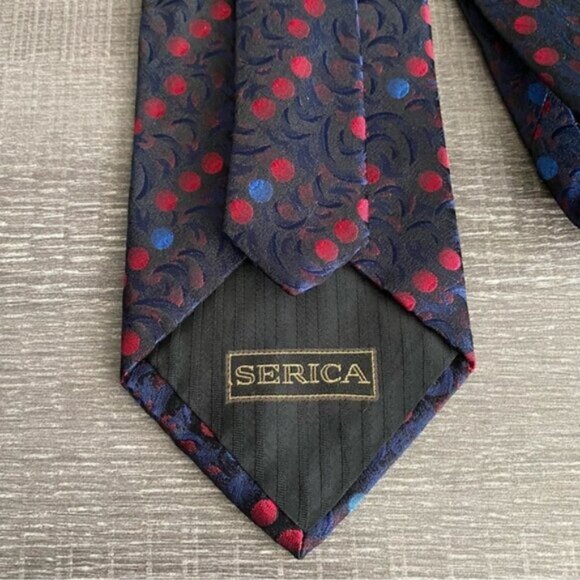 Serica Handmade in Italy Neck Tie 100% Silk Red Blue Dot Emboss Retro Pattern - Picture 3 of 7